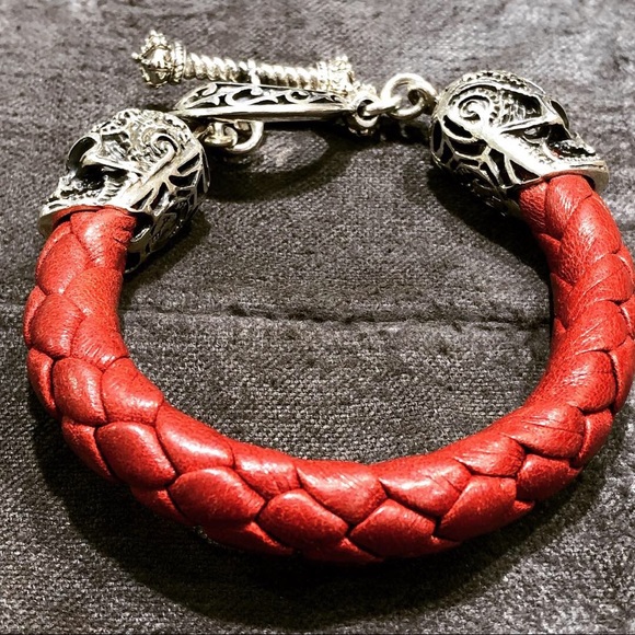 925 sterling silver skull bracelet with leather - Picture 1 of 3